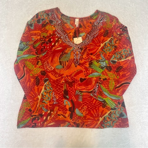 NWT RAGA Anthropologie Colorful Beaded Tropical Print Tunic Shirt Blouse Women M - Picture 9 of 11